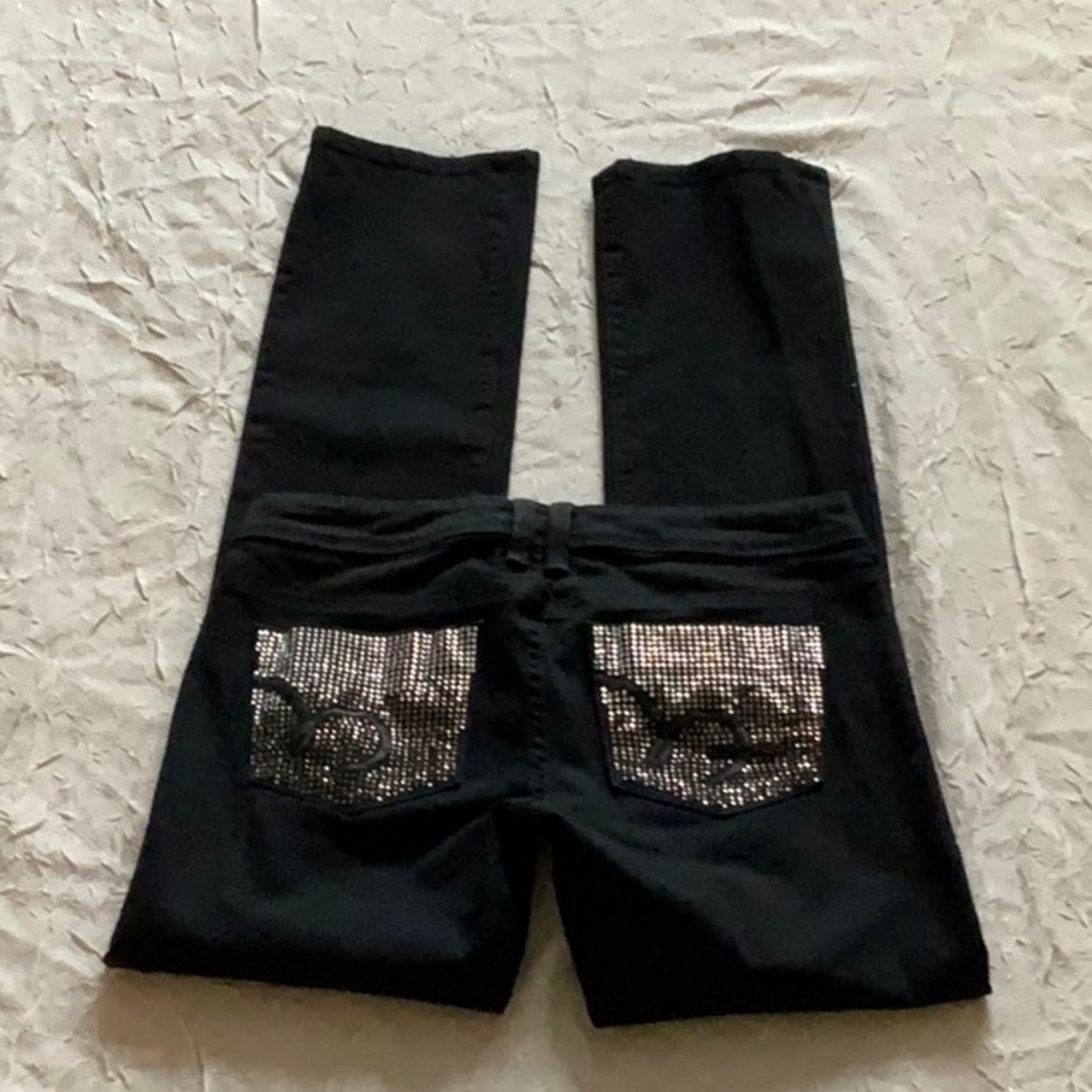 bebe Black Denim Rhinestones Charlotte Bling B RS Straight Leg Jeans Size 27